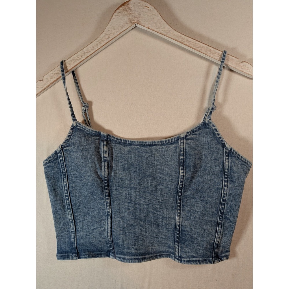 American Eagle Denim Crop Top Medium Wash Adjustable Straps Corset Style Size M